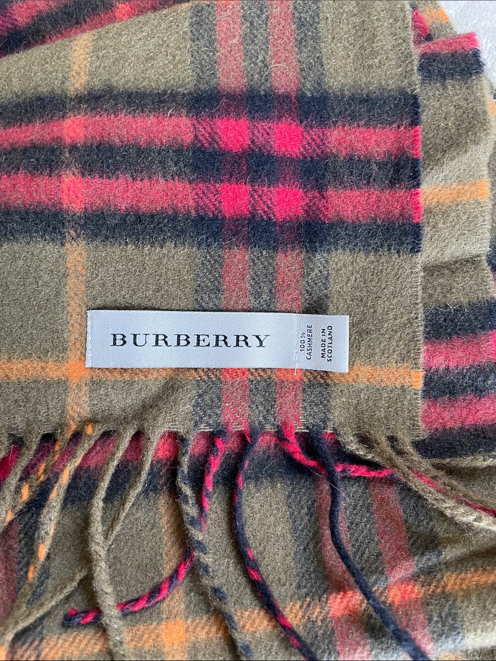 Burberry Olive Plaid Scarf with Pink & Orange Accents - Picture 2 of 2